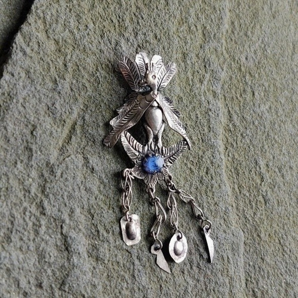 Antique Peruvian Peacock Shawl Pin/Brooch Cabochon Blue Stone Silver Ove… - Picture 7 of 10